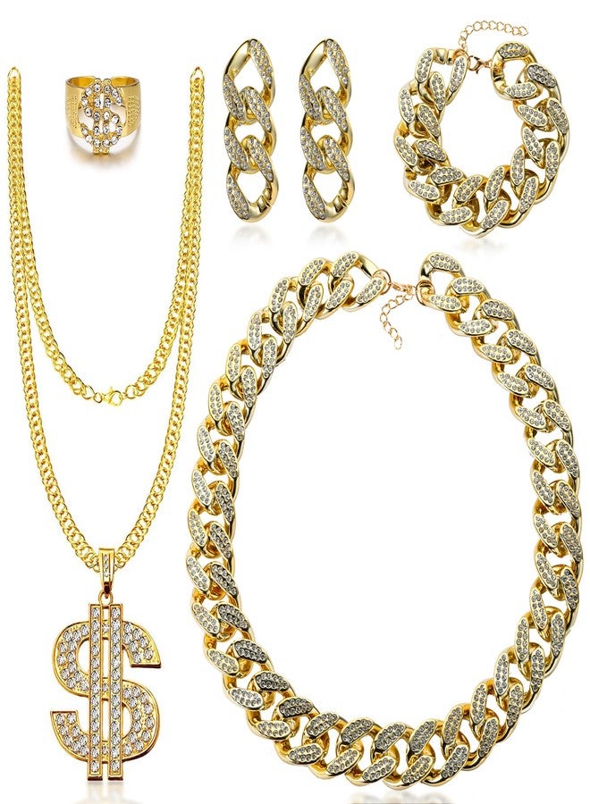 Acruccen 80s 90s Accessories Outfit for Women Hip Hop Costume Kit Dollar Sign Necklace & Rings Costume Gold Chain Necklace & Bracelet & Earrings Rapper Jewelry - Image 1